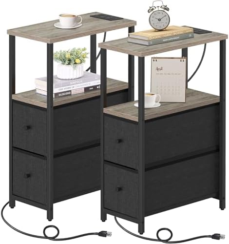 TUTOTAK Narrow End Table with Charging Station, Skinny Side Table