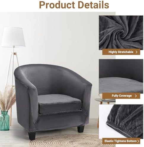 Barrel Chair Slipcovers, 2 Piece Dark Gray Club Armchair Slipcover with Cushion Cover, Non-Slip Washable Furniture Protector Soft Stretch Chair Slip Cover with Arms for Living Room Bar Counter