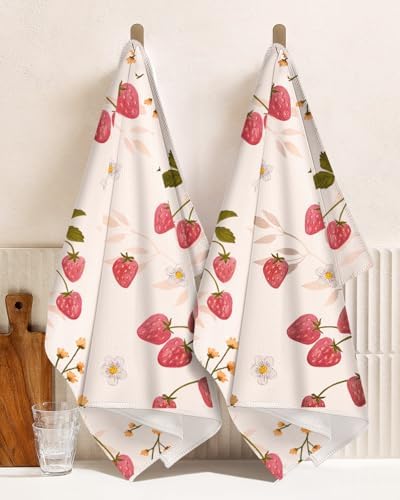 Miss Adola Cute Kitchen Towels Set of 2, 18 x 26 Inch, Strawberry