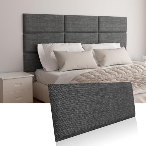 Upholstered Wall Mounted Headboard, Acoustic Panel, Peel and Stick Wall Padding, Dark Grey Dorm Towel Fabric, 4-Pack
