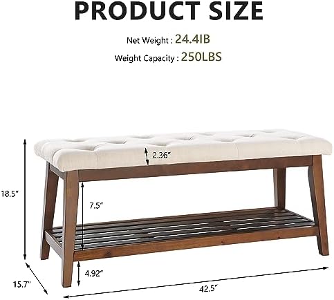 kinkinmars Entryway Bench with Shoe Rack, 42.5" Bedroom Bench, Beige