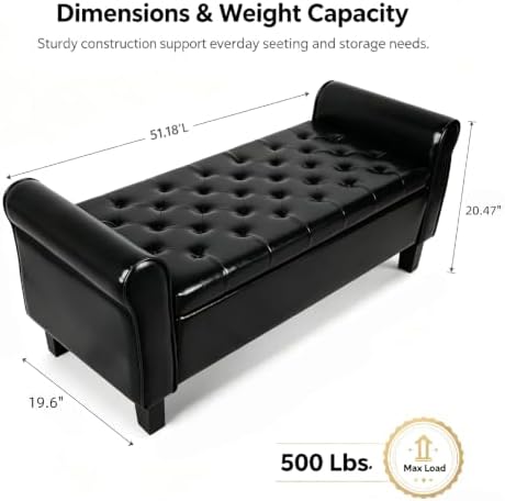 51 Inch Black Faux Leather Storage Ottoman Bench with Rolled Armrests