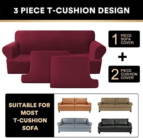 PrinceDeco T Cushion Loveseat Slipcover - 3 Pieces Sofa Cover for 2 Cushion Couch with 2 Individual T Shape Seat Covers Width Up to 76 Inch - Stretch, Machine Washable, Burgundy