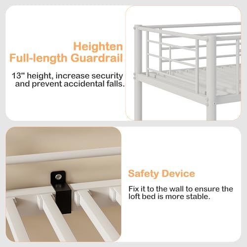 VECELO Loft Bed Twin Size with Desk, Metal Bedframe with Removable Ladder and Safety Guardrail, No Box Spring Needed, Space Saving, Noise Free, Natural White
