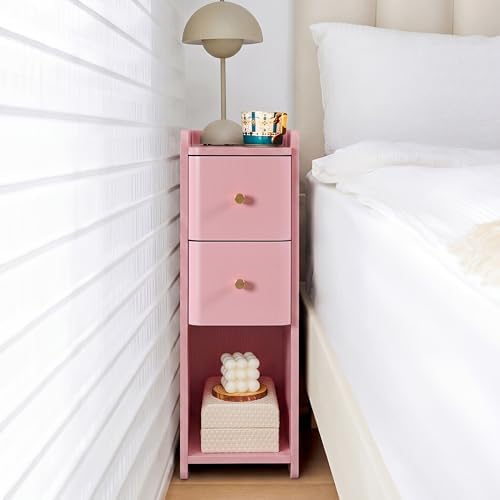 FurSch Narrow Nightstand, Wooden 2 Drawer, Slim Side End Table, Pink, 1 pc