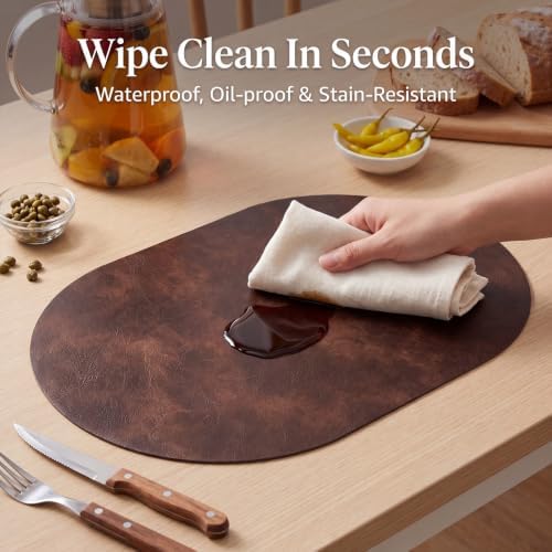 Oval Placemats Set of 8, Wipeable Faux Leather, Coffee