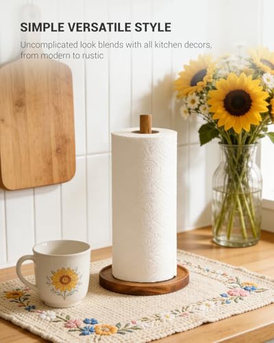 NESAPTO Paper Towel Holder Countertop, Wooden Standing Paper Towel Roll Stand for Rustic Farmhouse & Cottagecore Decor, Kitchen Bathroom Essential, Brown