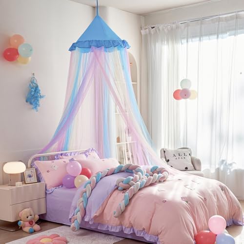 Kertnic Rainbow Bed Canopy for Girls Dreamy Mosquito Net for Bed Round Dome Princess Bed Canopy Girl Room Play Tent Canopy Bed Netting Curtains (Single Layer- Blue)