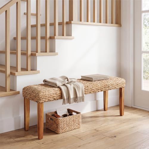 Indoor Wicker Bench 47" Solid Wood Acacia & Natural Woven Seat, Natural Leg