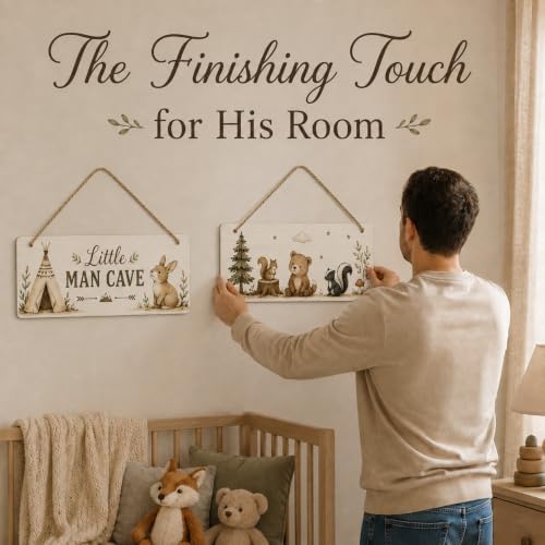 Little Man Cave Sign, Woodland Nursery Decor for Boys, Adventure Set of 2