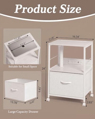 Faesun Night Stand with Charging Station & Swivel Top, White