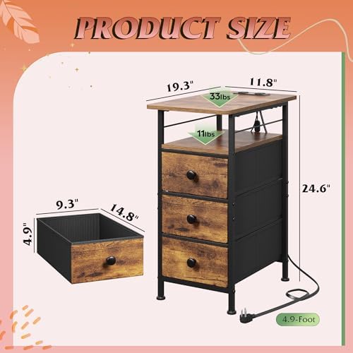 WLIVE Night Stand with Charging Station, End Table with 3 Fabric Drawers
