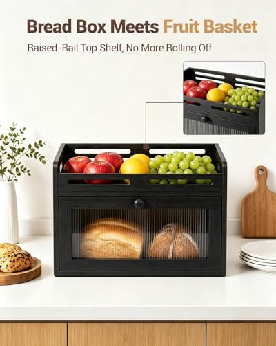 Bread Box for Kitchen Countertop, Bamboo Storage with Top Shelf, Black