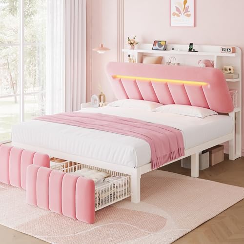 Jocoevol Queen Bed Frame with Storage Headboard,Upholstered Princess Bed Frame Queen Size with Storage Drawers and Charging Station,Velvet Platform Metal Bed, Noise-Free, No Box Spring Needed