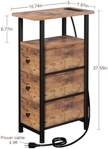 LOAKEKEL Narrow End Table with Charging Station, Small Nightstand
