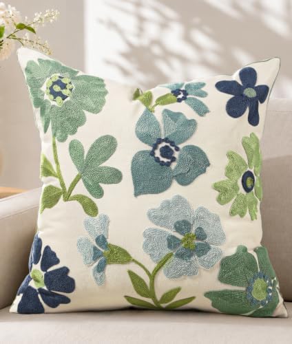 Embroidered Floral Throw Pillow Cover 20x20 Inch, Teal Flower