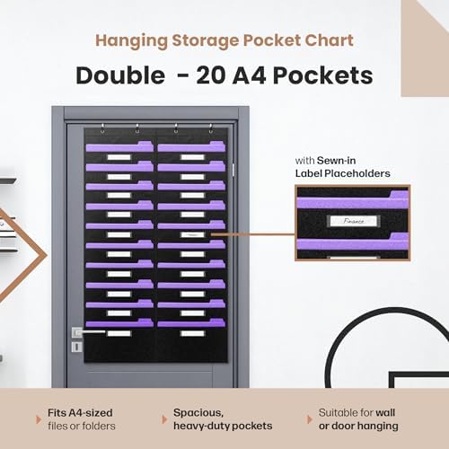 Hippo Creation Heavy Duty Storage Pocket Chart for Classroom, 20 Pocket Storage Organizer with 4 Over-Door Hangers, Hanging Wall Organizer for File Folders, School Mailbox, Home Office Papers - Black