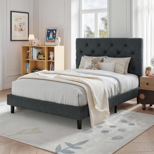 HOMBCK Twin Size Bed Frame with Adjustable Headboard, Dark Grey