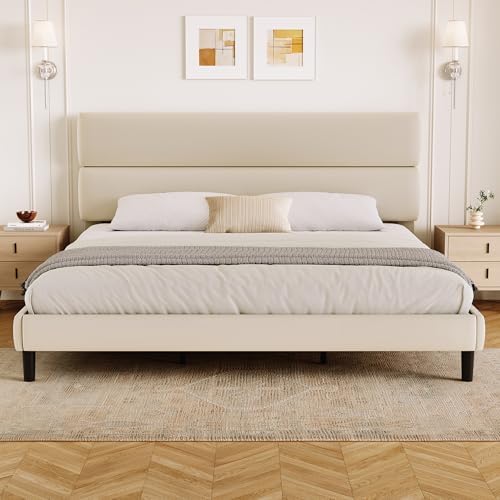 GRUSIGN King Size Platform Bed Frame with Velvet Headboard, Adjustable Height Wooden Slats Support, Upholstered Mattress Foundation, Fits Mattress or Mattress with Box Spring, Easy Assembly, Beige
