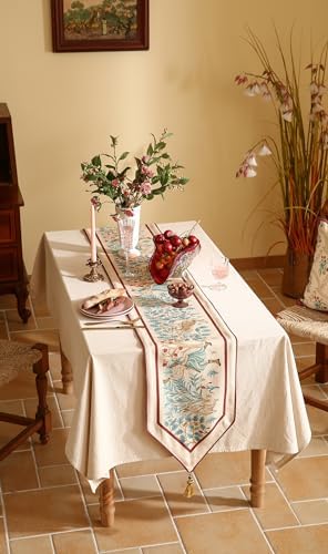 patdrea Designer Idyll Linen Table Runner, Vintage Beige Farmhouse with Ancient Spring Figure and Animal Pattern Table Mat, Decoration for Kitchen Dining Banquet Christmas ,12"*87"