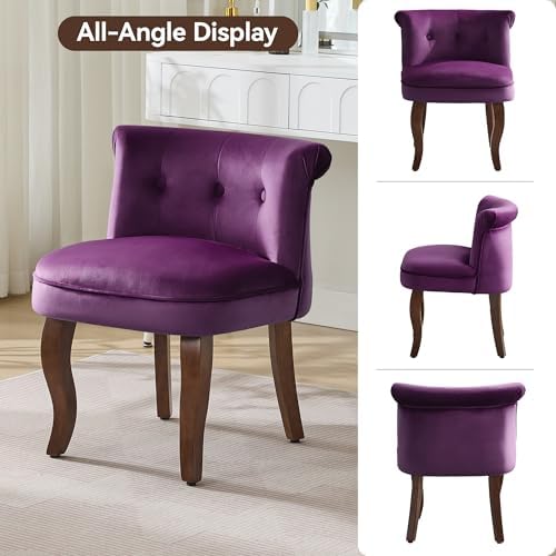 WUTUTUEE Velvet Vanity Chair with Solid Wood Legs, Tufted Upholstered Vanity Stool with Back, Mid Century Small Makeup Accent Chair for Bedroom, Living Room, Purple
