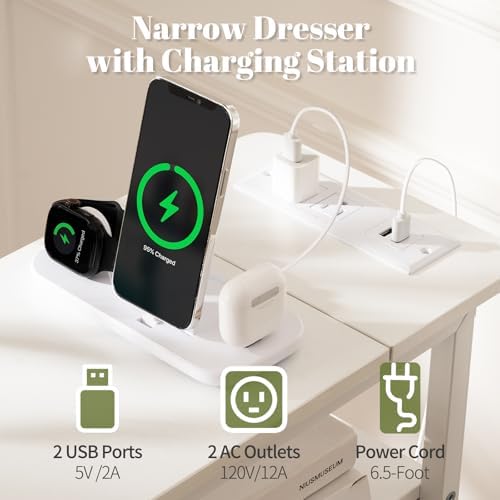 Yoobure Narrow Nightstand with Charging Station, LED Tall Narrow Side Table