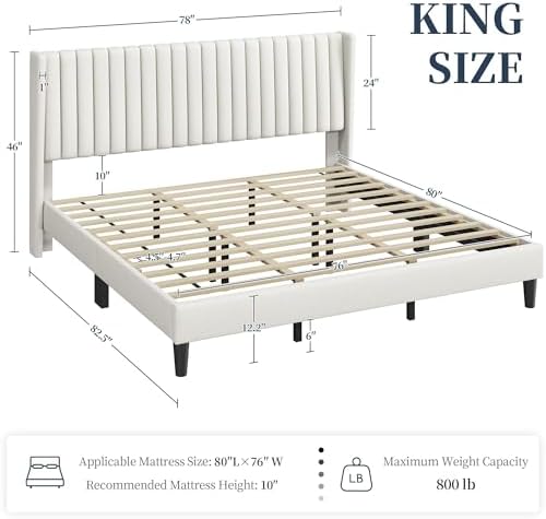 Yaheetech King Bed Frame with Headboard, Ivory Channel-Tufted Platform