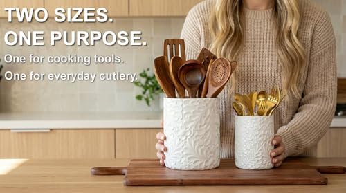 2-Piece Engraved Ceramic Utensil Holder Set for Kitchen, 7.3 & 5.4 Inch