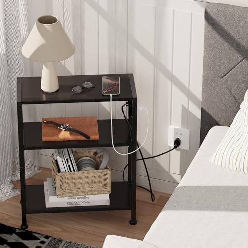 End Table with Charging Station, 3-Tier Side Table for Small Space, Skinny Nightstand with USB/Type C Port and 2 Outlets, Slim Sofa Beside Table for Living Room, Bedroom and Balcony, Black