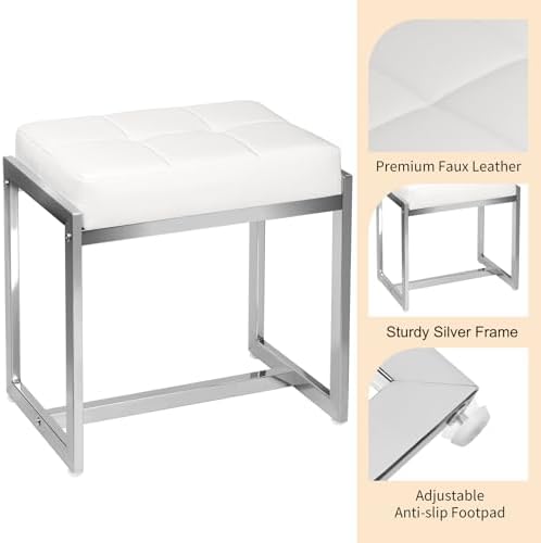 Vanity Stool Chair, Modern PU Leather Ottoman Foot Rest White&Silver