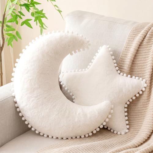 Jetec 2 Pieces Moon Shaped Pillow Star Pillow Creative Star Moon, White