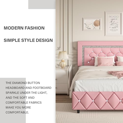 Queen Size Bed Frame, Faux Leather Upholstered Bed with Diamond Headboard
