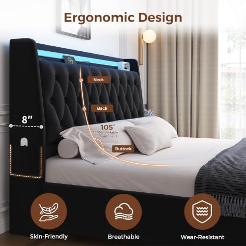 Jocoevol King Size Bed Frame with 2 Storage Drawers & Hidden Headboard