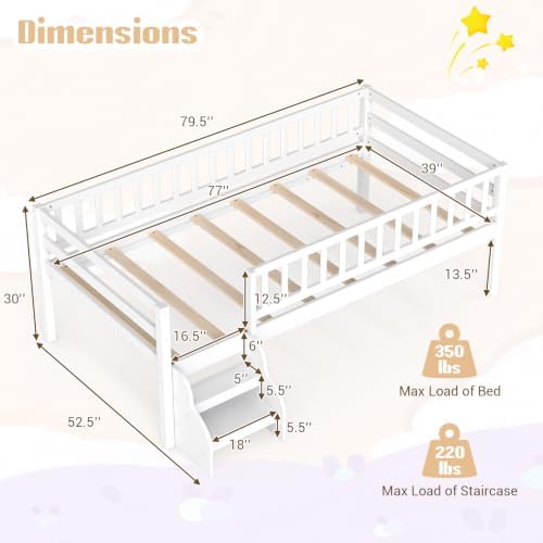 Giantex Kids Low Loft Bed Twin Size with Stairs & Safety Guardrails, White