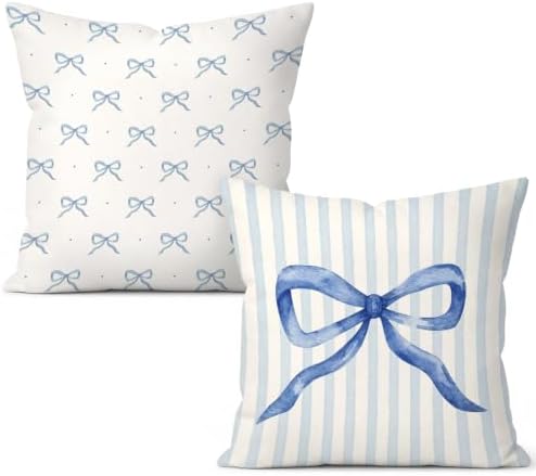 Blue Coquette Bow Pillow Covers 18x18 Set of 2, Preppy Room Decor
