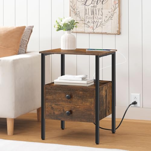 HOOBRO End Table with Charging Station, Bedside Table with Drawers