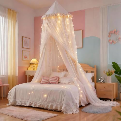 Princess Bed Canopy for Girls, Double Layer Canopy Fits Twin/Full Bed - Fairy Bed Tent for Kids Room Decor(with 250pcs Warm White Curtain Lights,White)