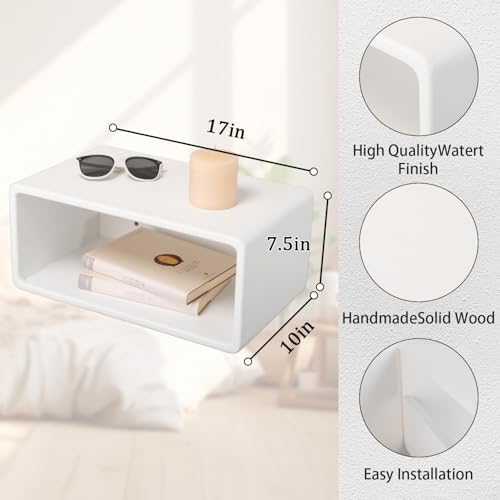 Floating Nightstand Wooden, Bedside Table, Nightstand Shelf, Handmade, Wall Mounted Bedside Shelf, Minimalist and Unique Style White 18”x 10”x 7.5”