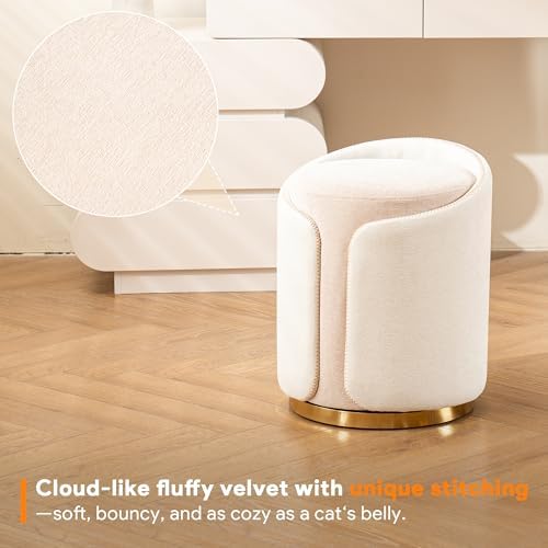 Swivel Vanity Stool with Gold Base Comfy Vanity Chair Modern Round Stool for Makeup Vanity Ottoman Foot Rest for Bedroom livingroom (Beige)