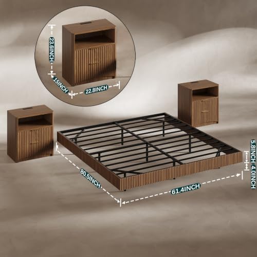 Evermagin Queen Bedroom Set, Floating Bed Frame & Charging Nightstands