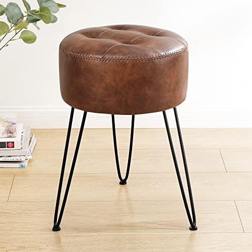 LUE BONA Reddish Brown Vanity Stool Chair for Makeup Room, Tufted Faux Leather Stool for Vanity, 19 inch Height, Vanity Chair with Metal Legs, Modern Foot Ottoman for Bedroom, Living Room