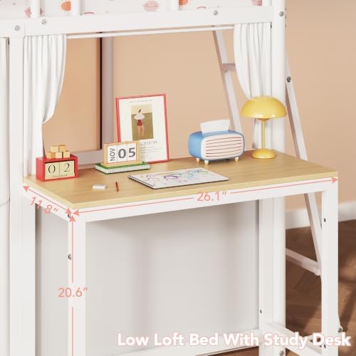 Twin Low Loft Bed with Desk & 4 Storage Drawers, Smart LED Lights, White
