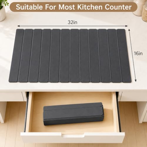 Extra Large Stone Dish Drying Mat for Kitchen Counter, Thin & Light Quick Dry Stone Dishes Mat, Foldable Water Absorbing Diatomite Drying Pad for Kitchen Bathroom Sink Countertop (Pure Gray 32"x16")