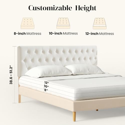 Kingfun Tufted Upholstered King Size Bed Headboard in Modern Button Design, Adjustable Solid Wood Head Board, Premium Velvet Fabric Padded Headboards in Bedroom (White)