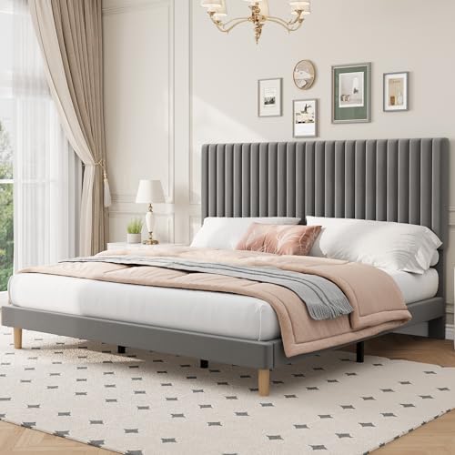 King Bed Frame with Adjustable Headboard, Velvet Upholstered Platform Bed