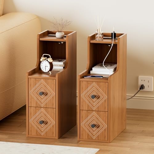 Narrow End Table Set of 2 with Charging Station, Walnut Skinny Bedside Tables with Storage Drawers, Small Side Tables for Small Spaces, Bedroom