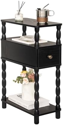 MaxSmeo Black Narrow Side Table, Narrow End Table with Storage, Skinny Small Nightstand with Drawer for Bedroom, Living Room, Small Spaces (Black)