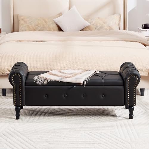 Storage Bench 51" Faux Leather End of Bed Benches Obsidian Black