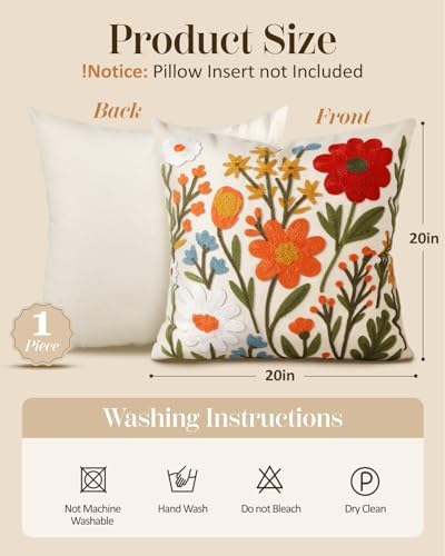Embroidered Throw Pillow Cover 20x20 Inch, Flower Cluster