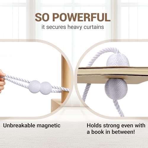 Hion Magnetic Curtain Tiebacks White 2pcs, Curtain Holdbacks Hooks Holders